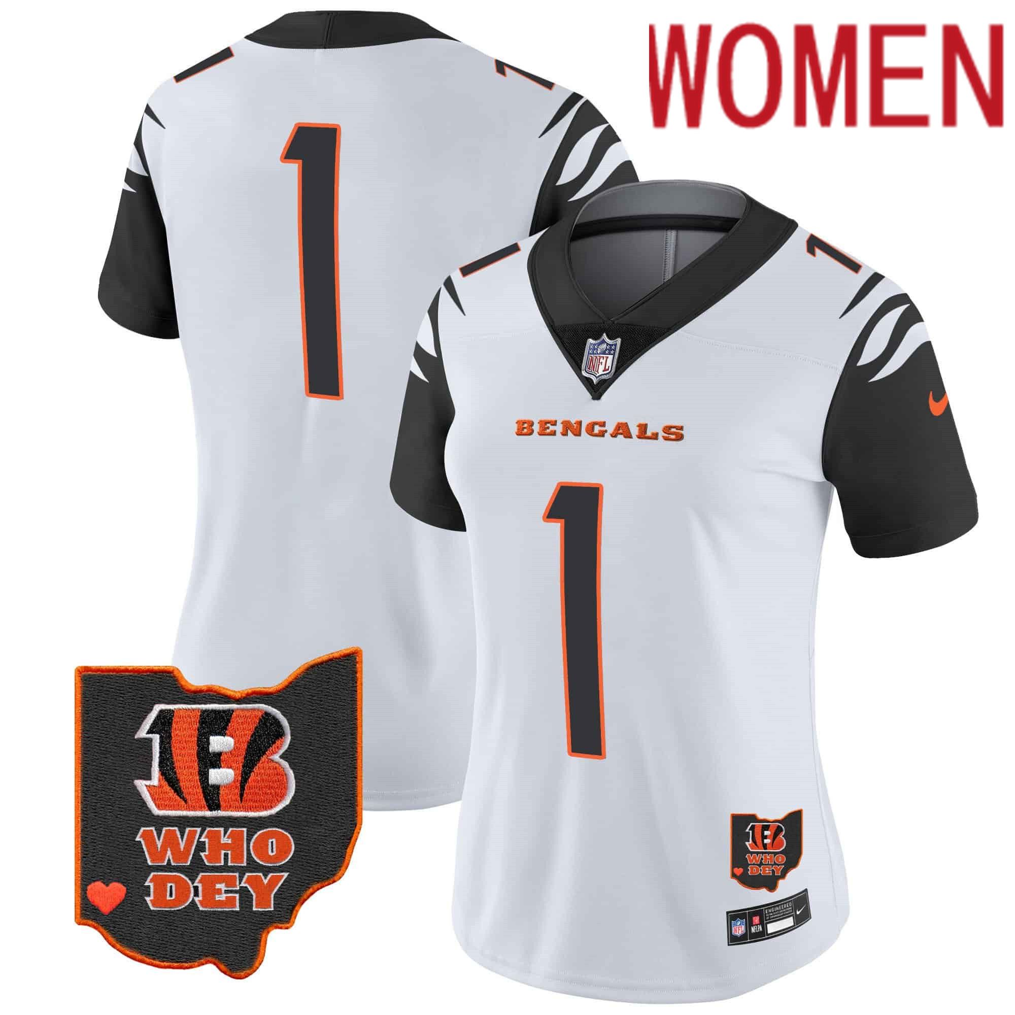 Women Cincinnati Bengals #1 Chase White 2024 Nike Patch Vapor Limited NFL Jersey style 3
